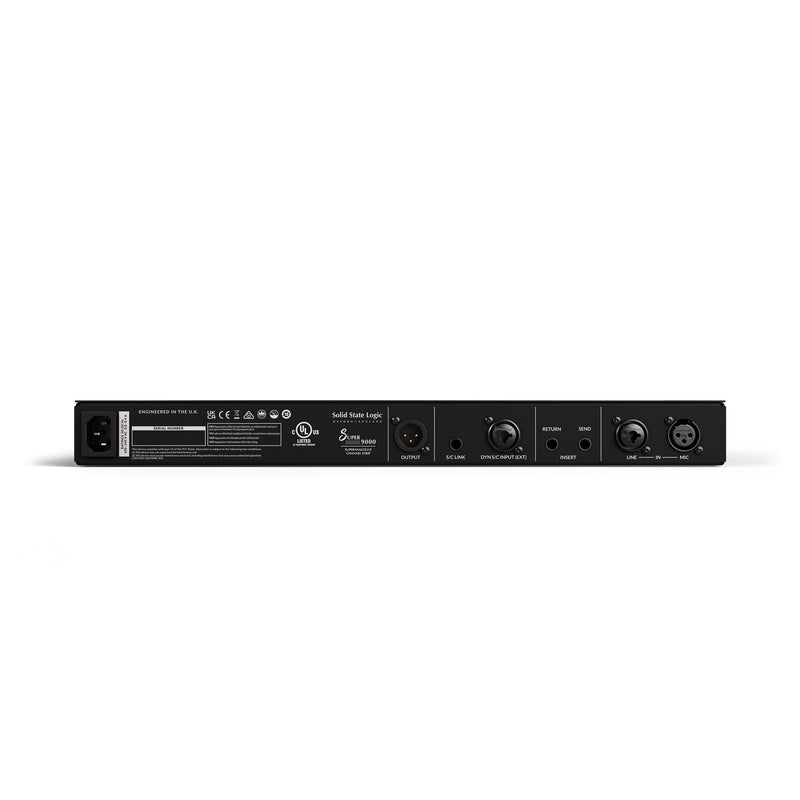 Back view of the SSL Super 9000 with various connectors on a white background