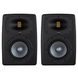 Black studio monitor speaker with visible branding on a white background
